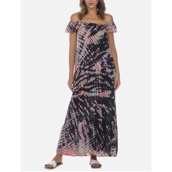 Pink Raviya Tie-Dye Swim Cover-Up Dress Off The Shoulder Maxi - Picture 1 of 6
